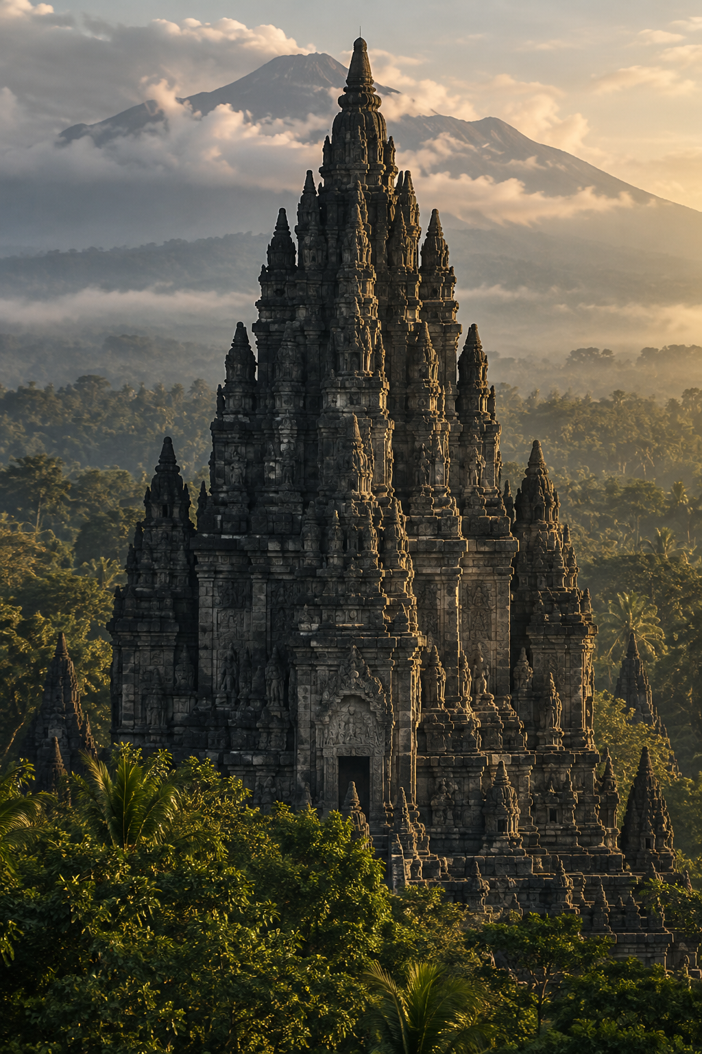 Candi Jawa dengan detail batu dan hutan di sekelilingnya