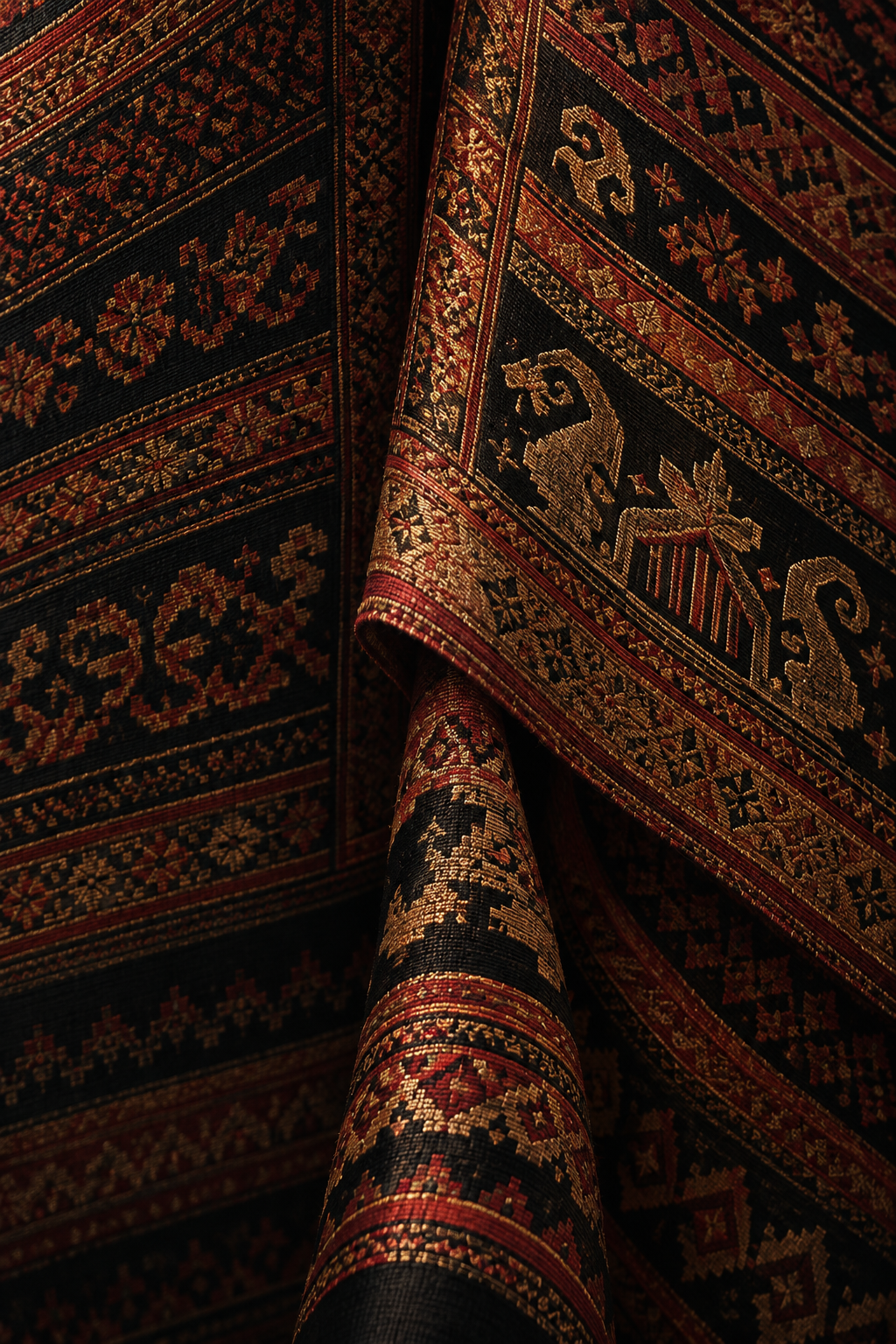Gold and copper embroidery on a dark Lampung-inspired tapis textile