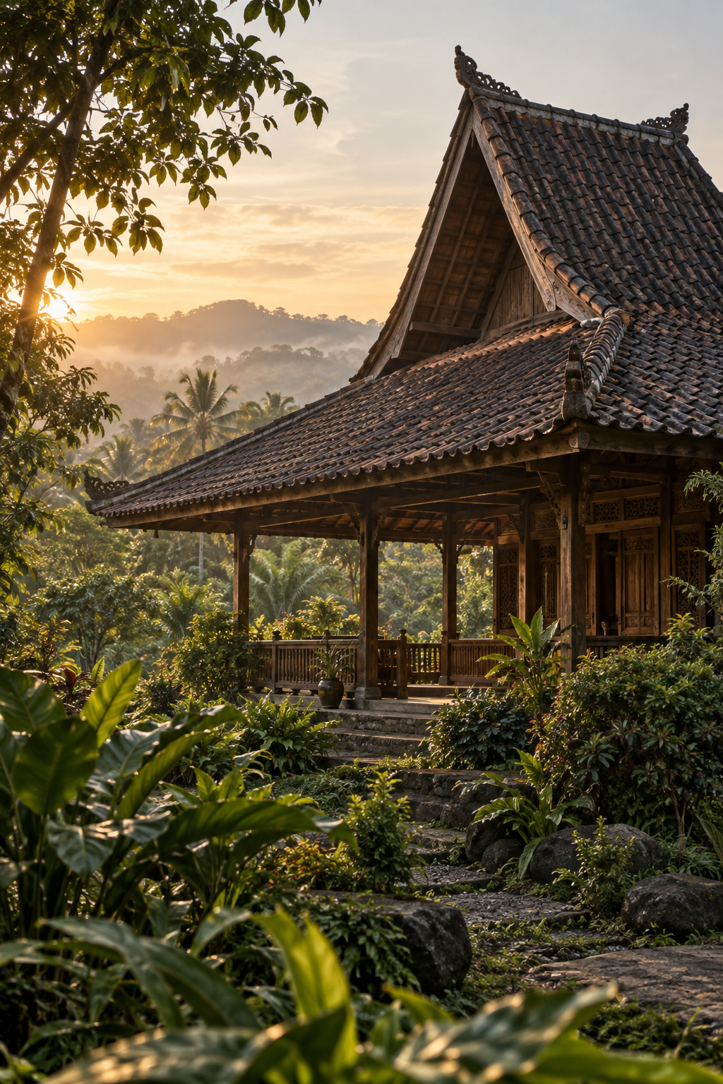 A traditional Sundanese pavilion surrounded by tropical greenery